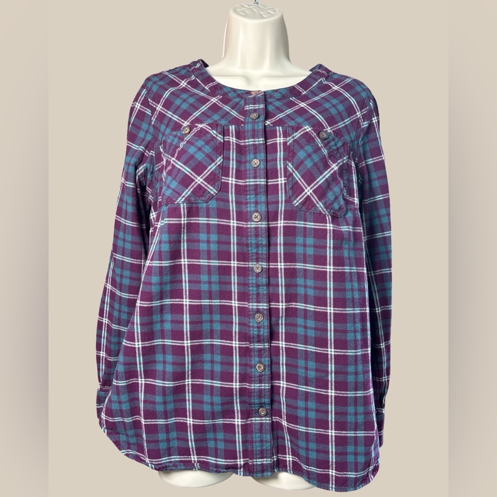 Duluth Trading Co Women’s Purple Plaid Free Swingin Flannel Tunic 100% Cotton M